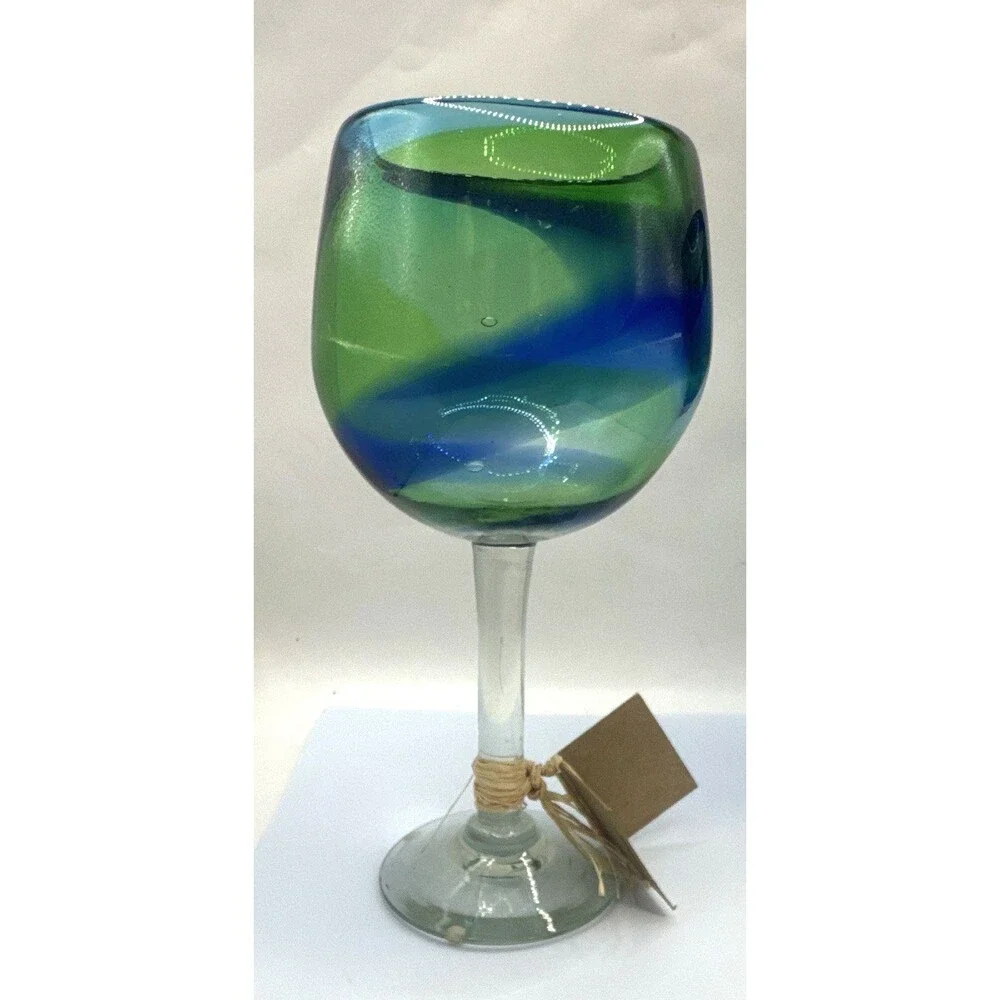 Jan Barboglio Hand Blown Swirl Wine Glasses Set of 3 Blue Green Clear